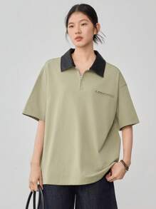 Dazy-Less Camiseta holgada de mujer con bolsillo y decoración en bloques de color contrastante