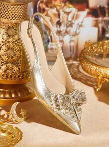 CUCCOO TILAWA Scarpe da donna a punta con fiocco decorativo, cinturino elastico con fibbia, eleganti per feste, adatte per uso quotidiano e attività all'aperto, primavera/estate - Dorato - Visualizzare 6