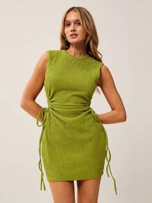 SHEIN Essnce Drawstring Side Solid Tank Dress - Green - View 5