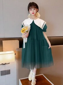 Toddler & Big Tween Girl Girls' Fashionable Puff Sleeve Collar Dress - Green - View 5