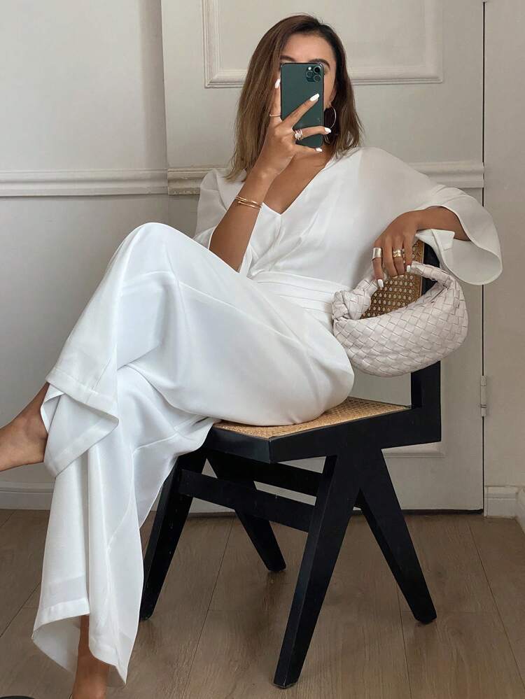 1pc Women's Solid V-Neck Ankle Length Jumpsuit, Elegant Vintage Style, Summer Women Jumpsuit, Fall Clothes Jumpsuits For Women Lounge Sets For Women