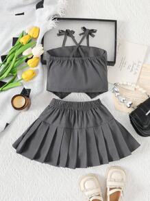 SHEIN 2pcs/Set Baby Girl Spring&Summer Elegant Style ,Open Collar Slip Top&Short Pleated Skirt - Dark Grey - View 2
