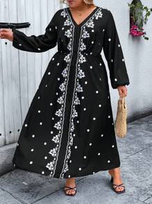 EMERY ROSE Plus Size Women V-Neck Print Waist Fit Dress, Holiday Casual Dress - Black - View 3