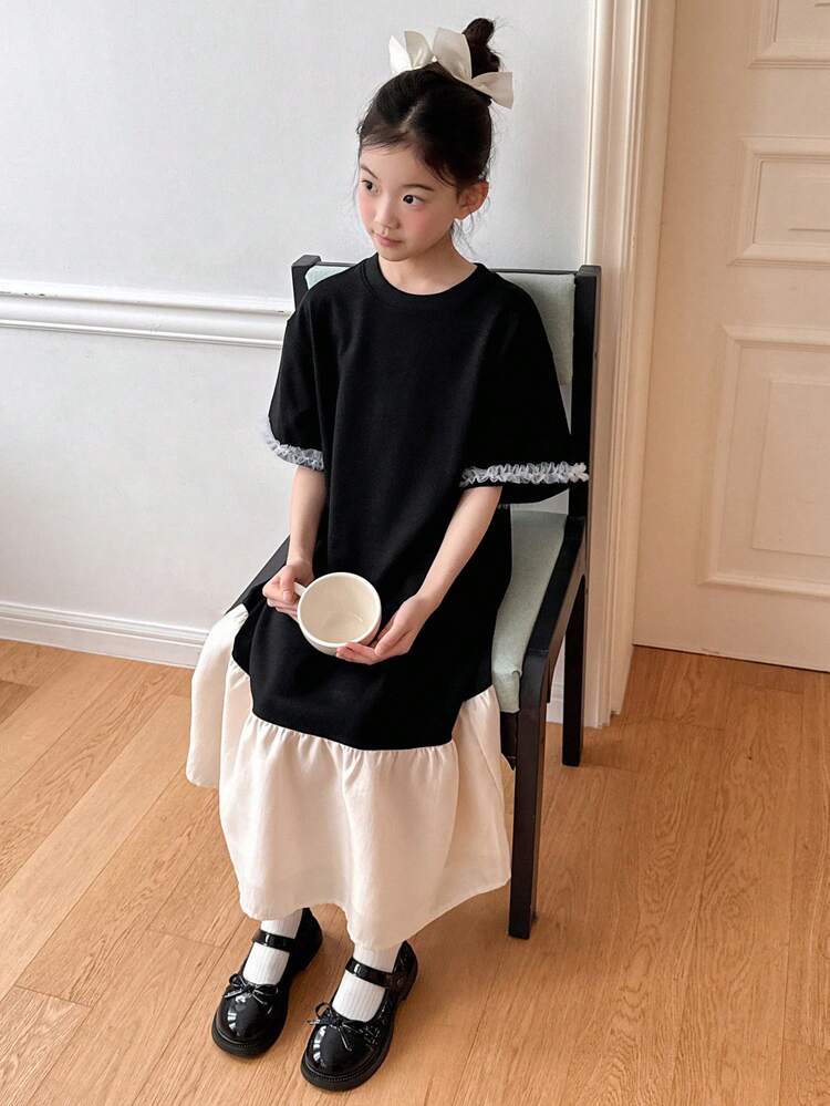 Tween Girl' Plain Color Block Round Neck Short Sleeve Minimalist Elegant Dress,Girls Summer Outfits,Back To School Clothes