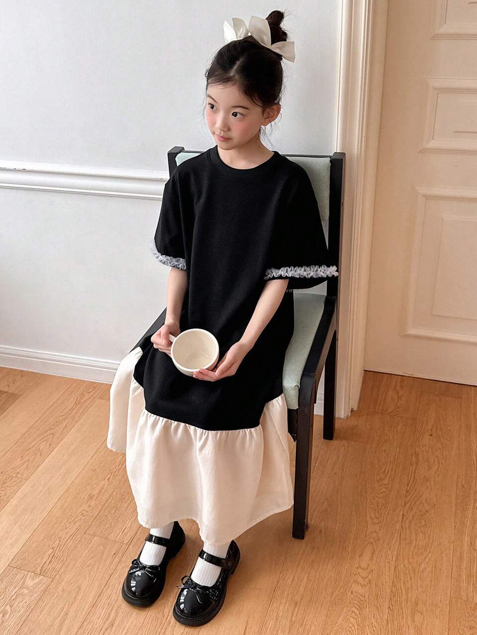 Tween Girl' Plain Color Block Round Neck Short Sleeve Minimalist Elegant Dress,Girls Summer Outfits,Back To School Clothes