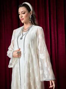 Modelyn Women's Design Sense Long Sleeve Cardigan Sweater With Dress 2Pcs Set - Apricot - View 4