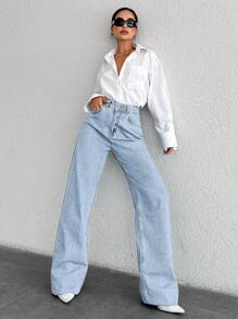 RueChic 100%纯棉高腰阔腿牛仔裤