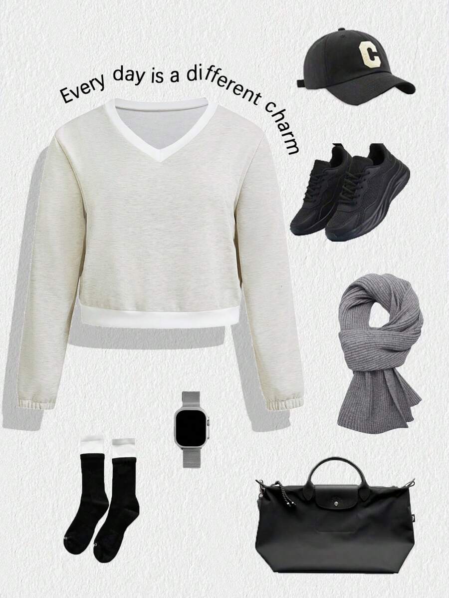 Easithlete Plus Size Women Contrast Color Block Casual Sporty Sweatshirt - Black - View 1