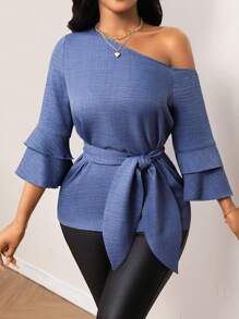 Lunelith SHEIN Lunessa 牛仔效果不对称肩部荷叶边袖系带衬衫 - 藍色 - 查看 7