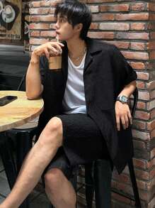 DAZY Men's Asymmetrical Design Textured Fabric Shirt Set, Summer - Black - View 3