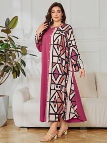 Lacomfia Robe imprimée géométrique à patchwork à manches longues pour grandes tailles