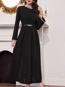 Modelyn 女式亮片装饰圆领收腰 A 字型复古法式连衣裙 - 黑色 - 查看 3
