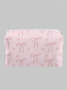 ROMWE Kawaii Pink Bow Pattern Octagon Velour Cosmetics Bag - Multicolor - View 1