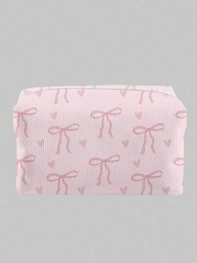 Kawaii Pink Bow Pattern Octagon Velour Cosmetics Bag