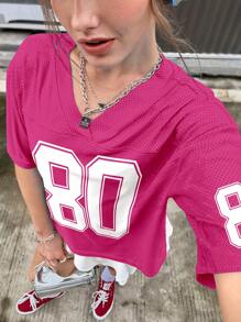 INAWLY 女式 V 领短袖休闲 T 恤上衣，带有 80 图形数字和口号设计