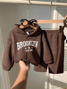 SHEIN Set de 2 piezas con sudadera con capucha y estampado de copos de nieve + pantalón de chándal de cintura elástica de unicolor, adecuado para niño/niña, fiestas de cumpleaños, baby shower, adecuado para otoño/invierno interior y exterior