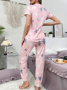 Conjunto de pijama casual con diseño de estrellas para mujeres - Multicolor - Ver 2