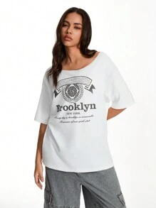 SHEIN Unity Camiseta holgada de cuello redondo con estampado vintage de talla grande - Blanco - Ver 6