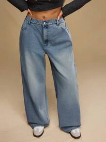 Forever 21 Plus Size Casual Washed Low Waist Wide Leg Jeans - Blue - View 1
