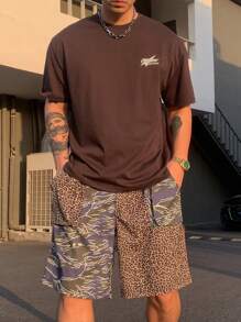 DAZY Summer Men's Letter Printed T-Shirt & Leopard Print Shorts Set, Vacation Style - Brown - View 4