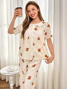 可爱熊图案蕾丝荷叶边女式睡衣套装 - 杏色 - 查看 5