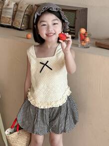 DAZY 2pcs/Set Young Girl Bow Decor Textured Tank Top And Plaid Shorts,Girls Summer Outfits - Black and White - View 6