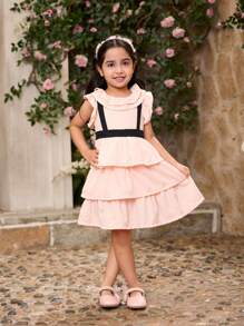 SHEIN Vestido de tul de estilo elegante y dulce con cuello de encaje y moño en color rosa claro, de múltiples capas, para niña, atuendo diario de primavera/verano, conjunto a juego de hermanos (2 piezas se venden por separado) - Rosa Pálido - Ver 6