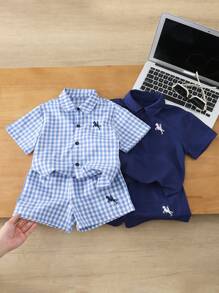 SHEIN 2pcs/Set Young Boy Casual Simple Short Sleeve Shirt & Shorts Set - Multicolor - View 1