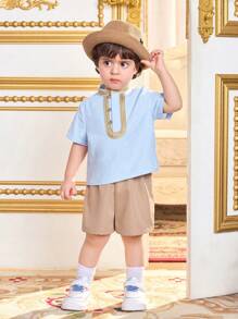 SHEIN 2pcs Baby Boy Summer Cute Luxurious Gold Ribbon Blue Short Sleeve Shirt And Khaki Shorts Set, Suitable For Birthday Party, Evening Party, Performance, Wedding, One-Month, Baptism And 1st Birthday Celebration, Baby Shower - Multicolor - View 5