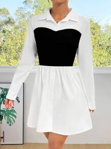 SHEIN EZwear New Black & White Contrast Splice Short Sleeve Shirt Dress, Spring/Summer - Black and White - View 5