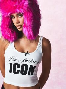 SUMWON WOMEN Icon Statement Tank Top Sleeveless Crop Fashion Text Print Ribbed Summer Festival Club Party Dance Tank - White - View 4