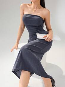 Heiryn 女式无袖仿口袋简约修身休闲长筒连衣裙 - 深灰色 - 查看 6