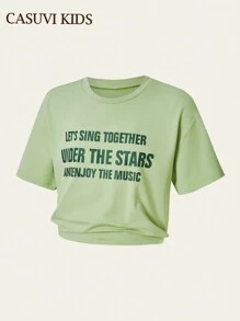 SHEIN 1 pezzo Maglietta verde casual e chic da ragazza, versatile, con spalle scoperte, collo rotondo e maniche corte, adatta per la primavera/estate
