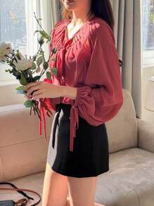 DAZY 优雅通勤夏季上衣，纯色宽松系带长袖女式衬衫学院风上衣 - 紅色 - 查看 4