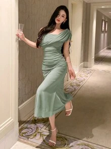 DAZY Đầm lưới nữ màu trơn, cổ lệch, tay ngắn, đầm dạ hội, đầm hè thanh lịch, đầm cưới, đầm lễ Phục sinh, đầm maxi. - màu xanh lá - Xem 4