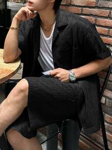 DAZY Men's Asymmetrical Design Textured Fabric Shirt Set, Summer - Black - View 1