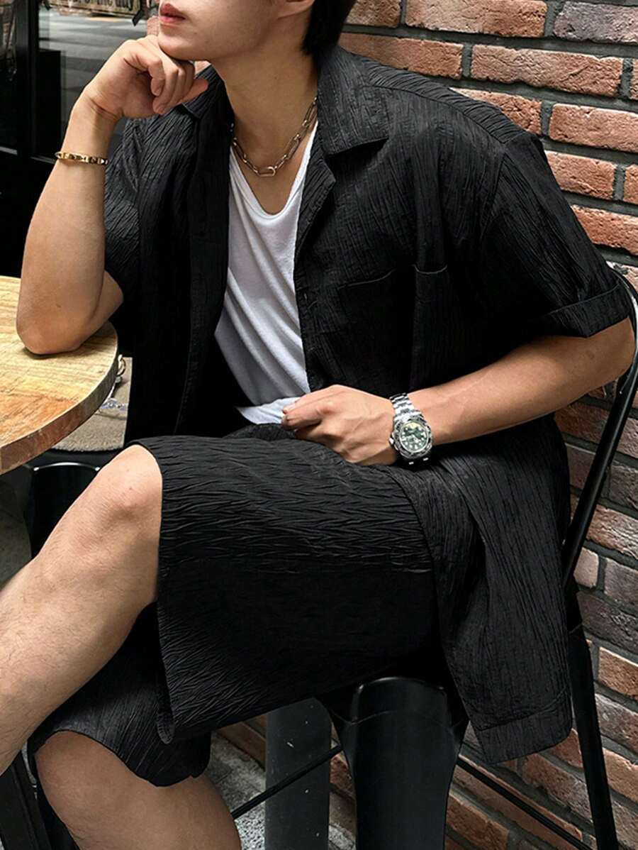 DAZY Men's Asymmetrical Design Textured Fabric Shirt Set, Summer - Black - View 1