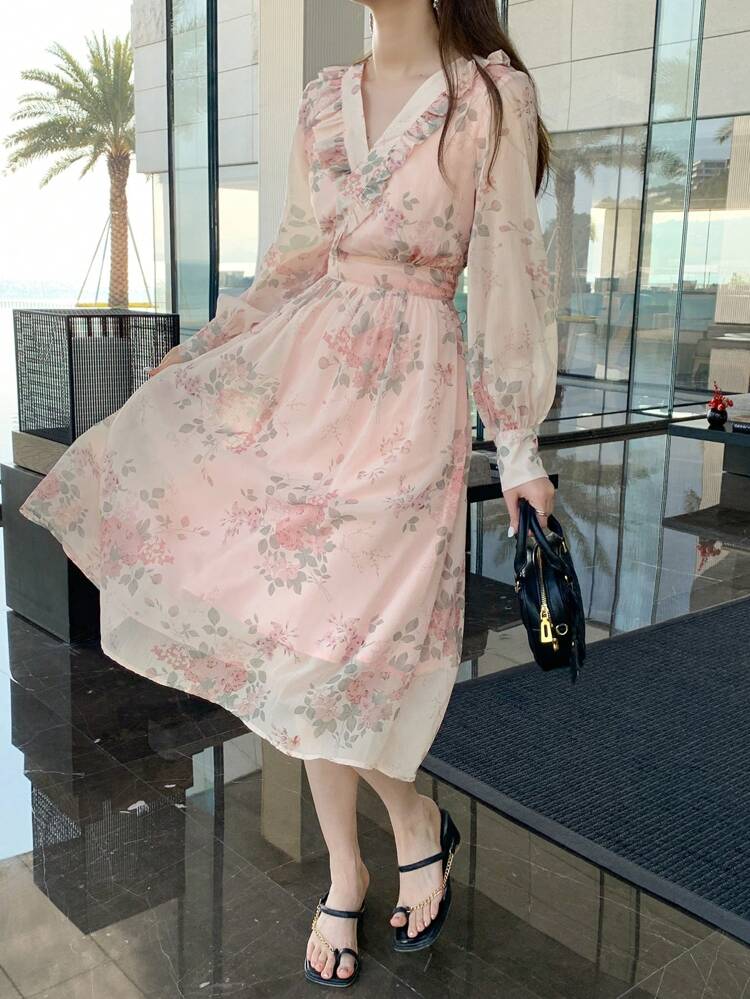 V-Neck Floral Print Frill Lantern Sleeve Mid-Length Dress For Women,Fall Dress Long Sleeve Dress Maxi Dress Vacation Outfits Women