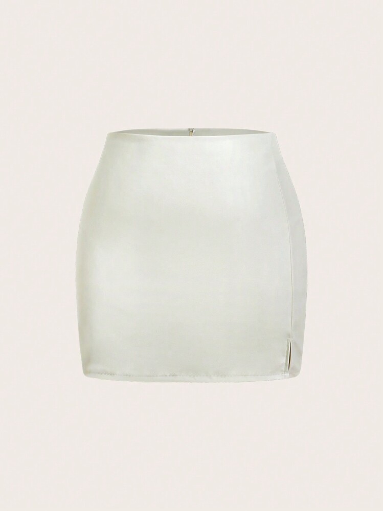 SHEIN ICON 大码休闲纯色日常半身裙 - 米色 - 查看 1