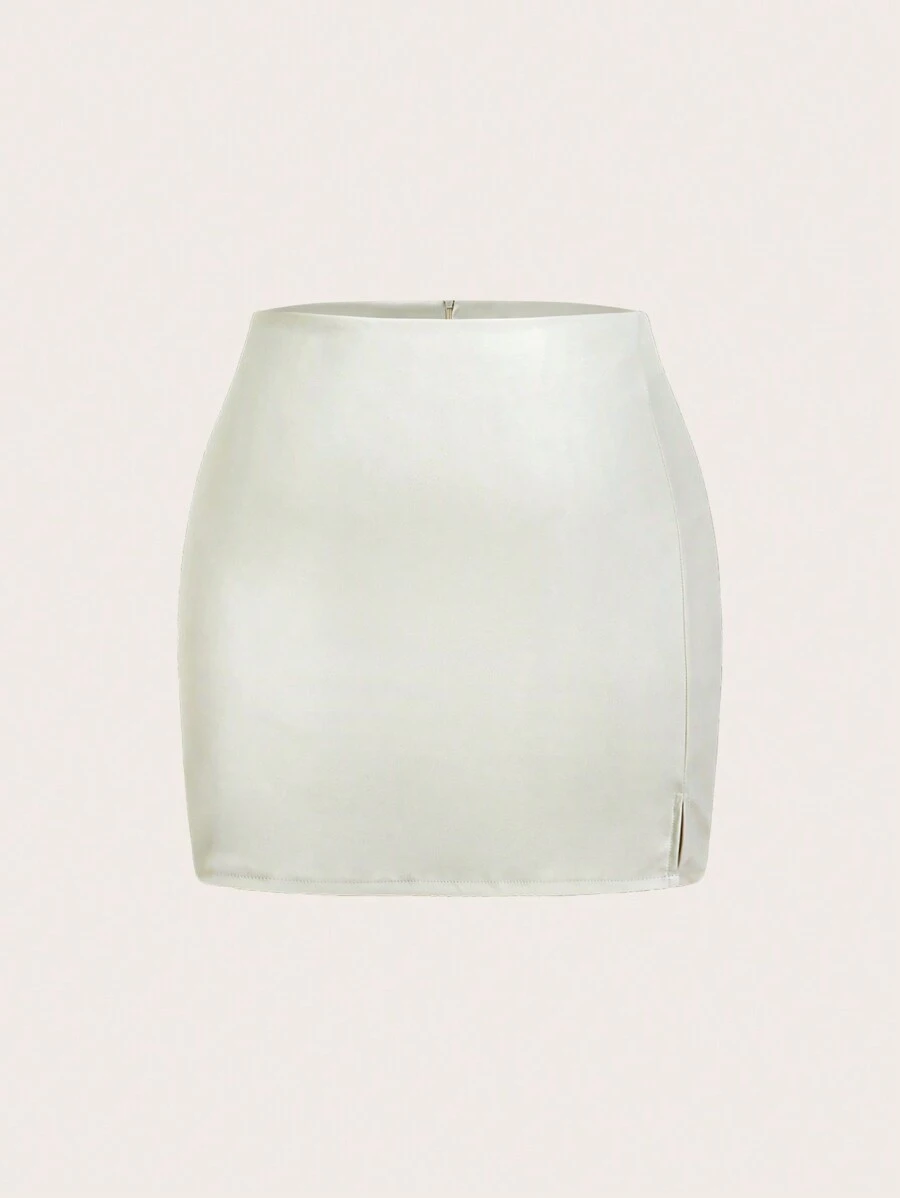 SHEIN ICON 大码休闲纯色日常半身裙 - 米色 - 查看 1