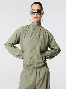 TypaGal Letter Embroidery High Neck Panelling Zip Through Long Sleeve Drop Shoulder Nylon Windbreaker Jacket - Green - View 5