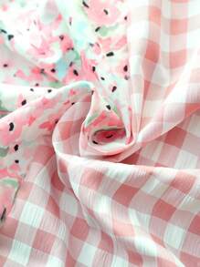 SHEIN Tween Girl Checkered Floral Print Cute Short Puff Sleeve Dress - Pink - View 8