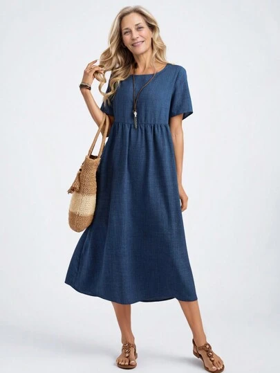 SHEIN LUNE Vacation Dresses Woman Short-Sleeve Woven Bamboo Joint Long Dress