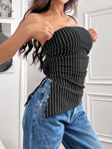 SHEIN EZwear 女士黑色编织条纹不对称下摆短款吊带上衣 - 黑色 - 查看 7