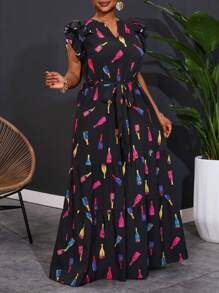 Slaydiva New 2025 Plus Size Women Casual & Holiday Fashion Cap Sleeve Wine Bottle Print Drawstring Jumpsuit Spring/Summer - Multicolor - View 6