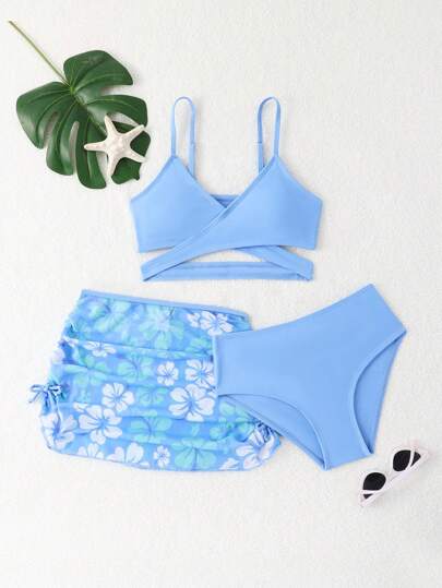 3pcs/Set Tween Girl Ditsy Floral Swimwear Set, Solid Color Criss-Cross Bikini With Beach Dress, Leaf, Floral, Ditsy Print, Spring/Summer, Beach Holiday Party