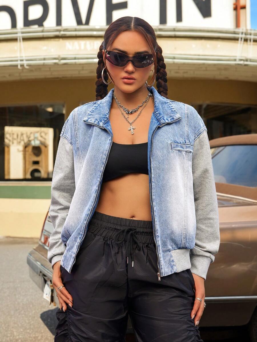SHEIN ICON 休闲运动拼布女式牛仔夹克 - 淺色水洗藍 - 查看 1