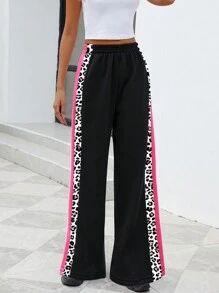 INAWLY Women's Casual Leopard Print Patchwork Wide Leg Sweatpants, Suitable For Autumn/Winter