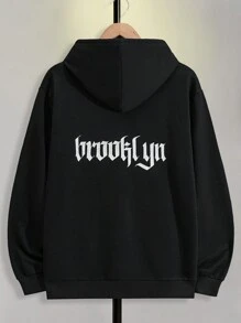 RueChic Men Cottonline Street Style Gothic Letter Printed Regular Zipper Hoodie - Black - View 7