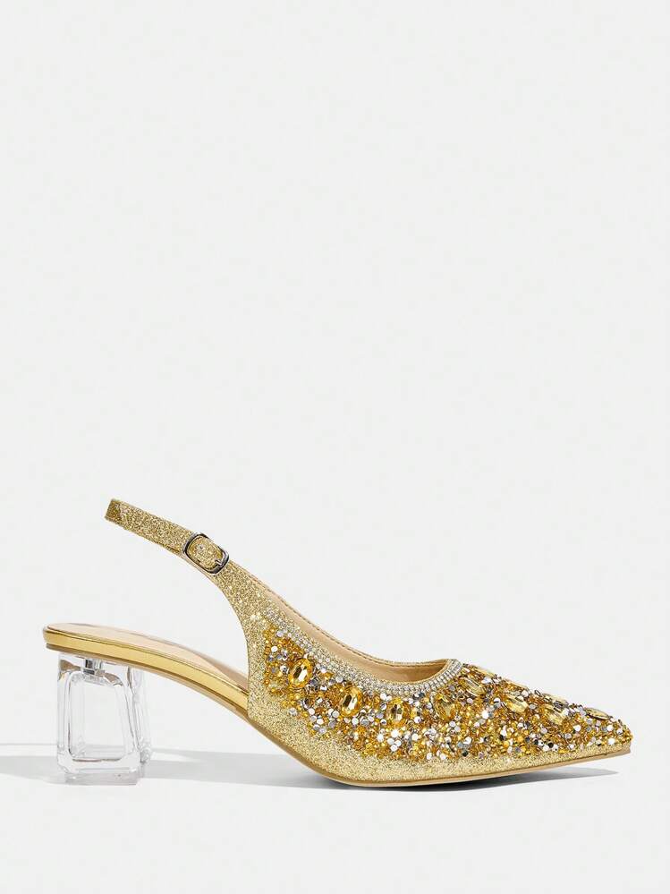CUCCOO TILAWA Women's Crystal Heel Rhinestone Embellished Hollow-Out Black Pointed Toe Dress Pumps, Suitable For Going Out, Banquet, Party And Other Events For Christmas - Gold - View 2